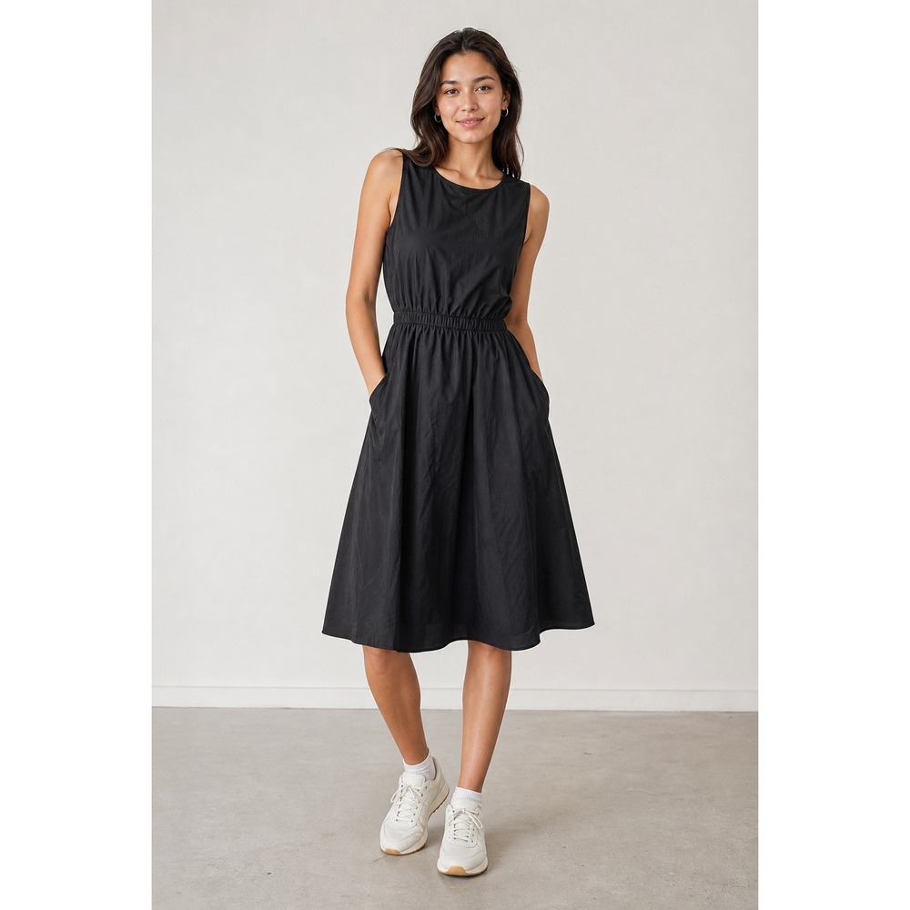 Samsung Kuho Plus Black Nylon Dress Button Back Elastic Waist sz M Korean K-pop